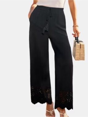 Future Collective Wide Leg Pants XS Black Embroidered Eyelet Boho NWT $40